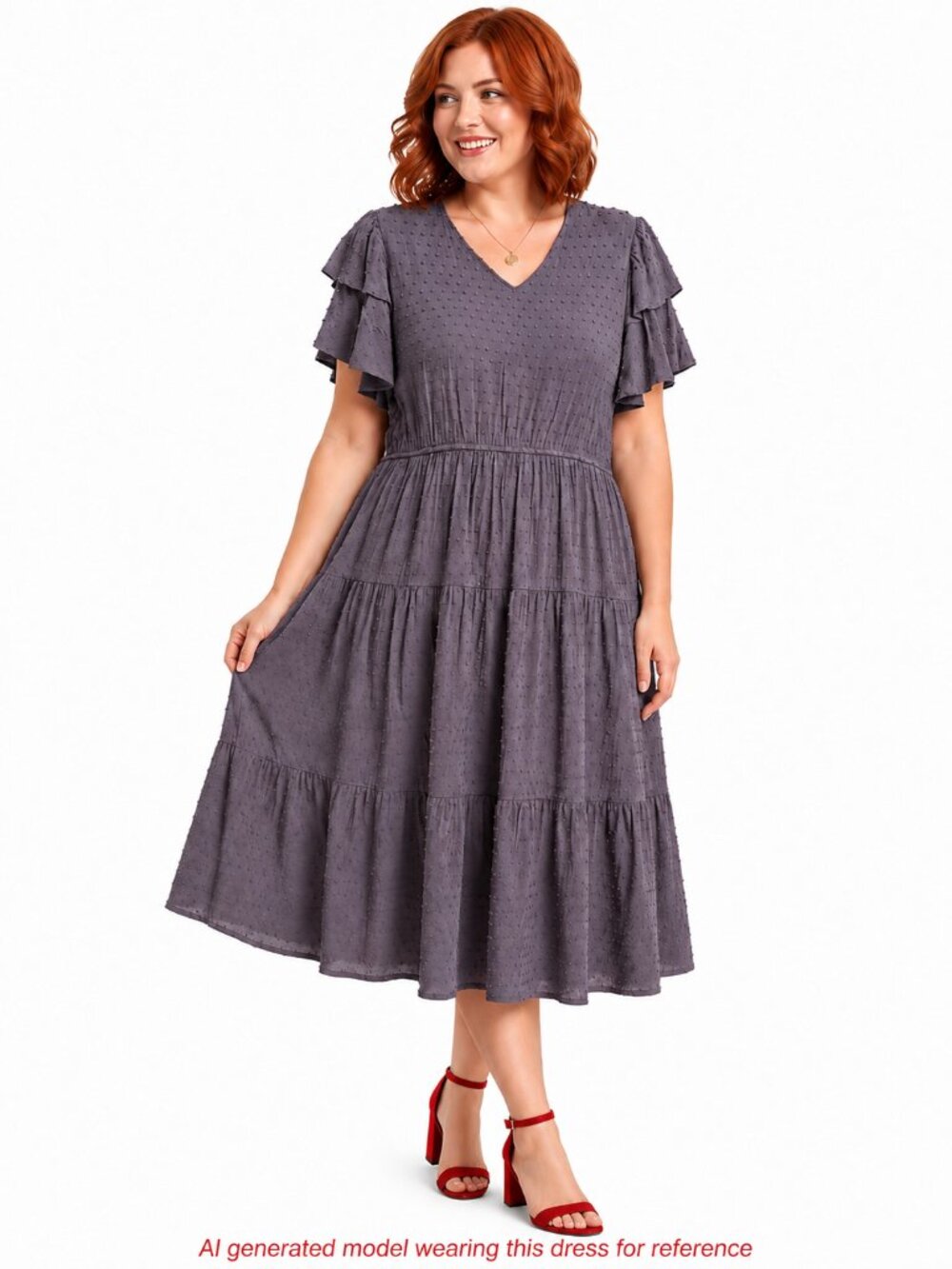 Mikarose Dress XL Gray Swiss Dot Tiered Midi Flutter Sleeve Cottagecore Boho
